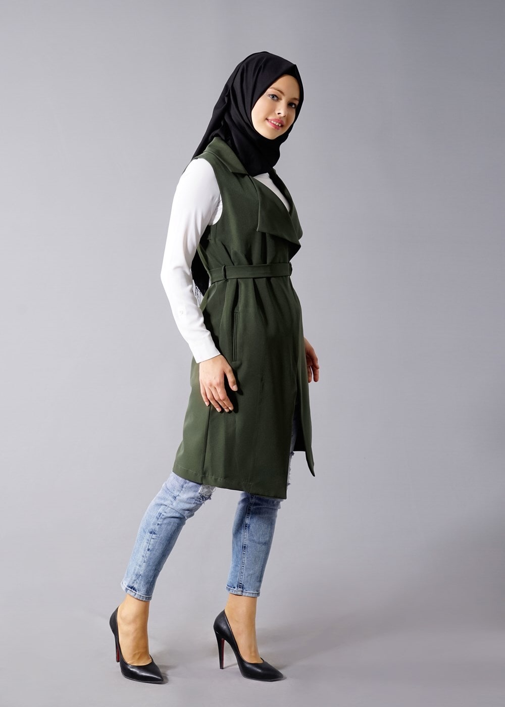 Vêtements hijab KAKI T 978 Helly Bel Kuşaklı Tesettür Yelek