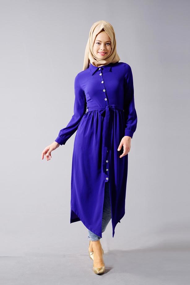 Tesettür giyim  T 1245 Helly Erkek Yaka Kuşaklı Tunik - TRENDTESETTÜR