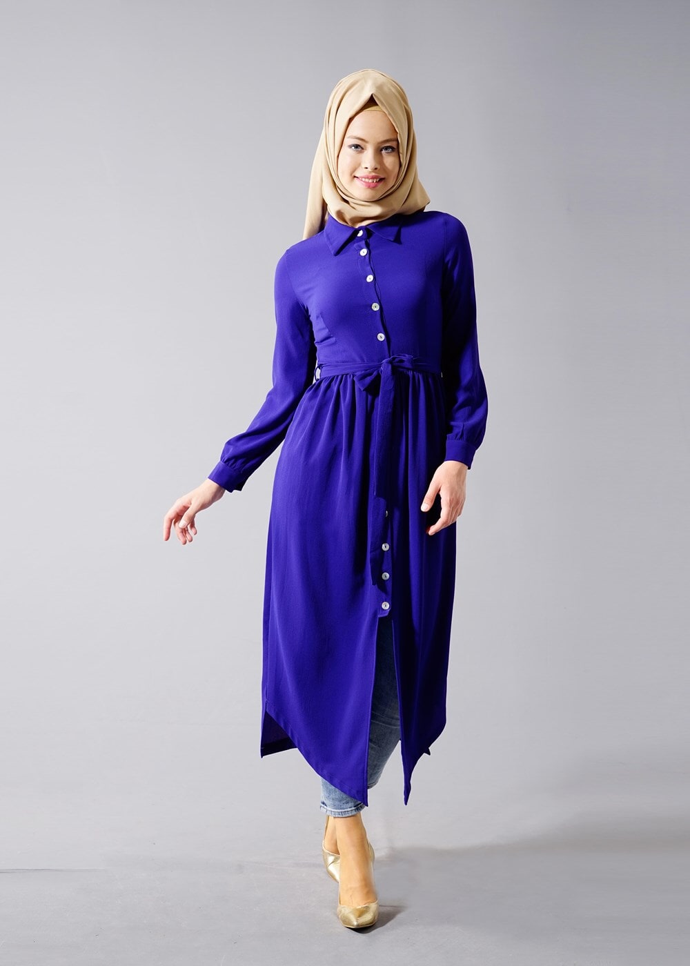 Hijab clothing NAVY BLUE T 1245 Helly Erkek Yaka Kuşaklı Tunik