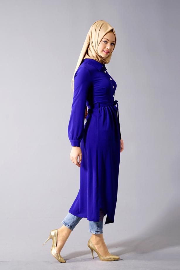 Tesettür giyim  T 1245 Helly Erkek Yaka Kuşaklı Tunik - TRENDTESETTÜR