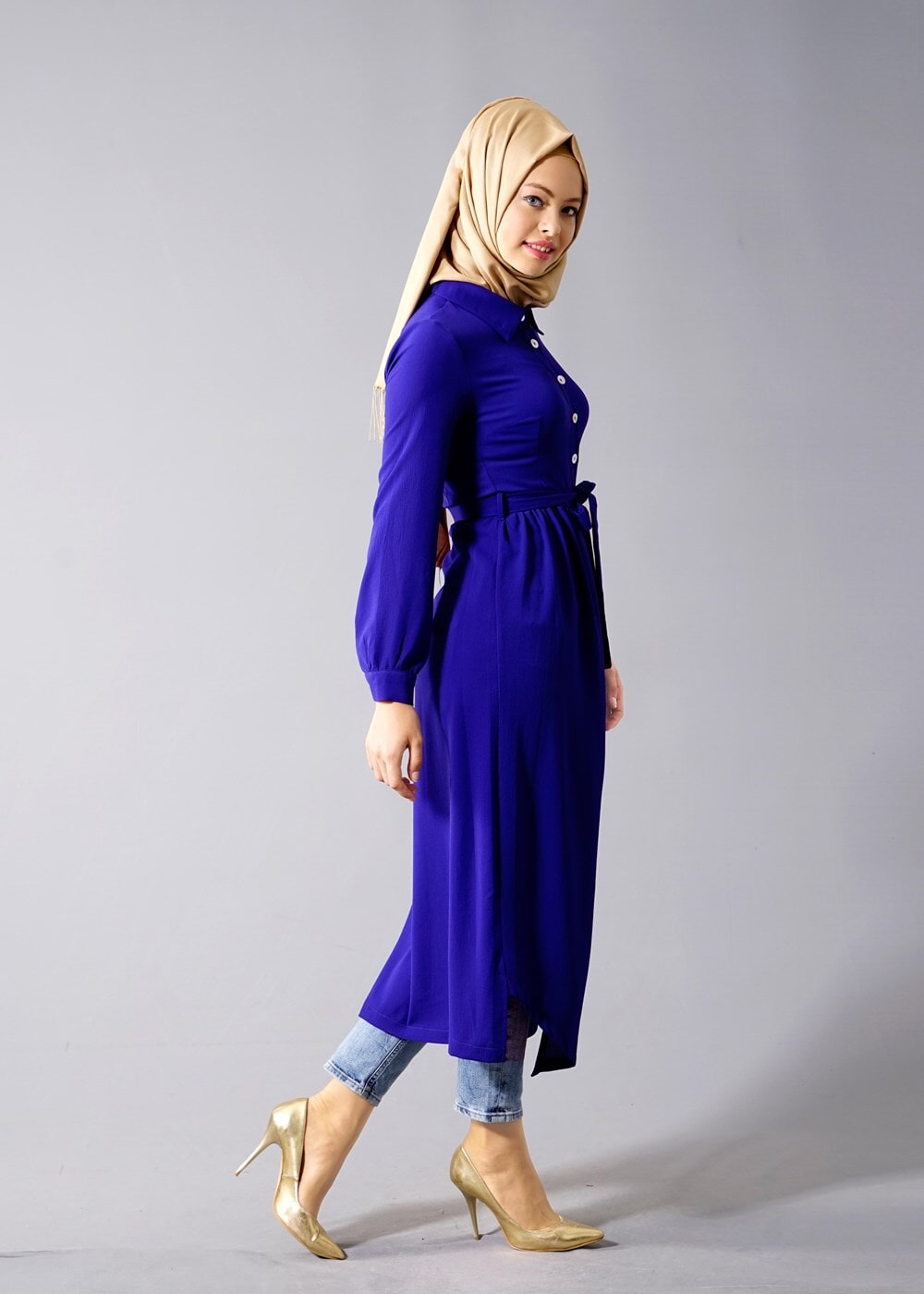 Hijab clothing NAVY BLUE T 1245 Helly Erkek Yaka Kuşaklı Tunik