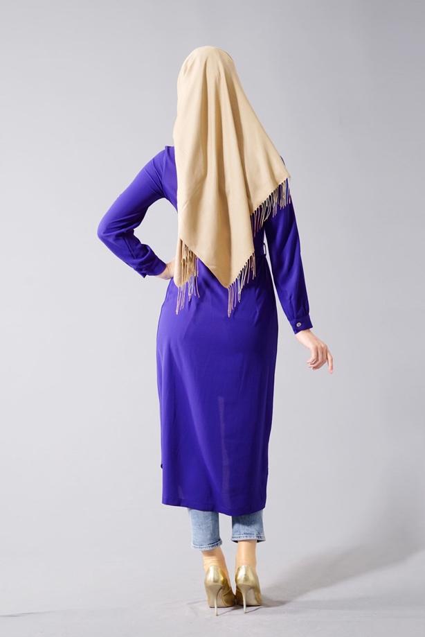 Tesettür giyim  T 1245 Helly Erkek Yaka Kuşaklı Tunik - TRENDTESETTÜR