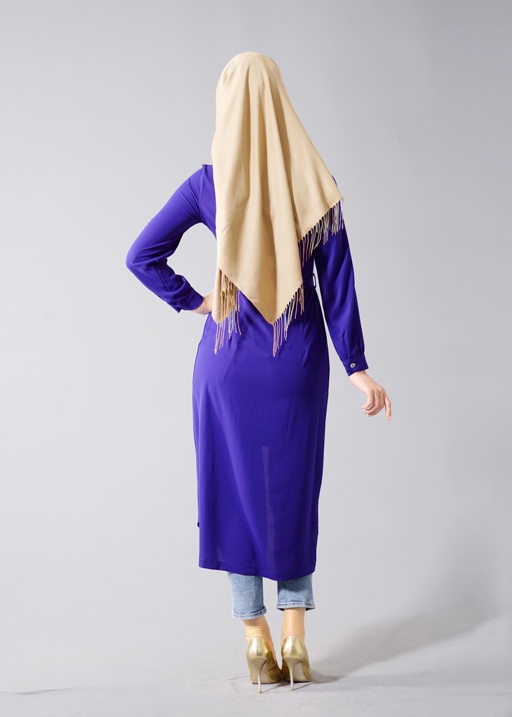 Hijab clothing NAVY BLUE T 1245 Helly Erkek Yaka Kuşaklı Tunik