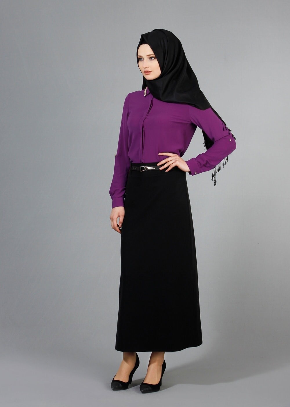 Vêtements hijab POURPRE T 2770 Helly Yakası Taş Detaylı Bluz