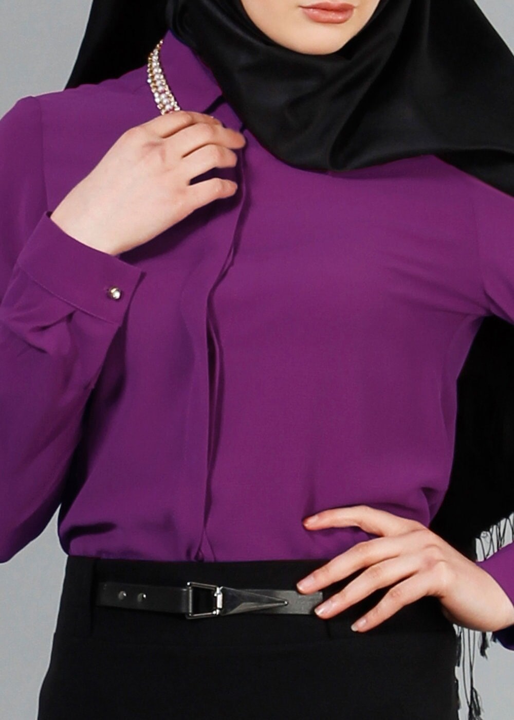 Vêtements hijab POURPRE T 2770 Helly Yakası Taş Detaylı Bluz