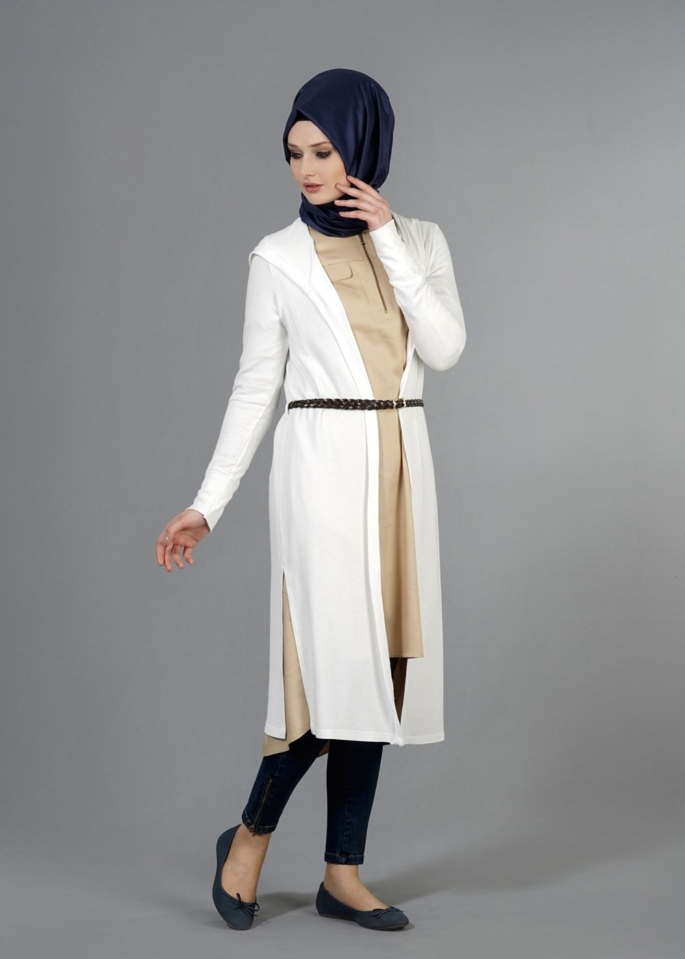 Vêtements hijab CRÈME CARDIGAN EN MAILLE À CAPUCHE 4956