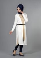 Tesettür giyim KREM KAPÜŞONLU TRİKO HIRKA 4956 