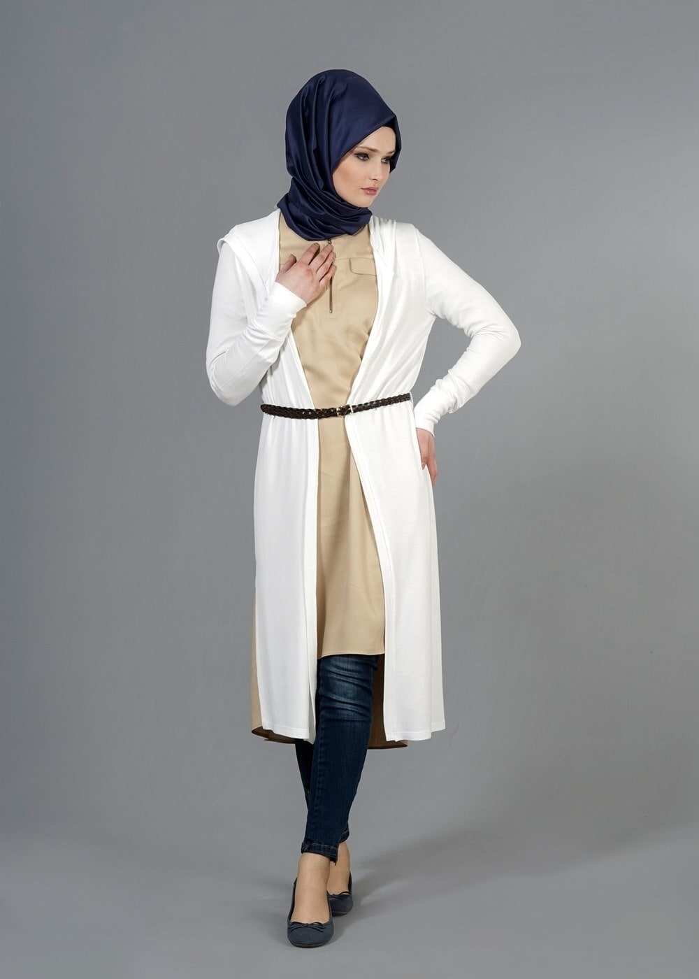 Vêtements hijab CRÈME CARDIGAN EN MAILLE À CAPUCHE 4956