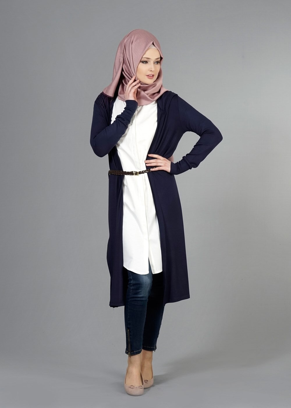 Hijab clothing NAVY BLUE HOODED KNITWEAR CARDIGAN 4956 