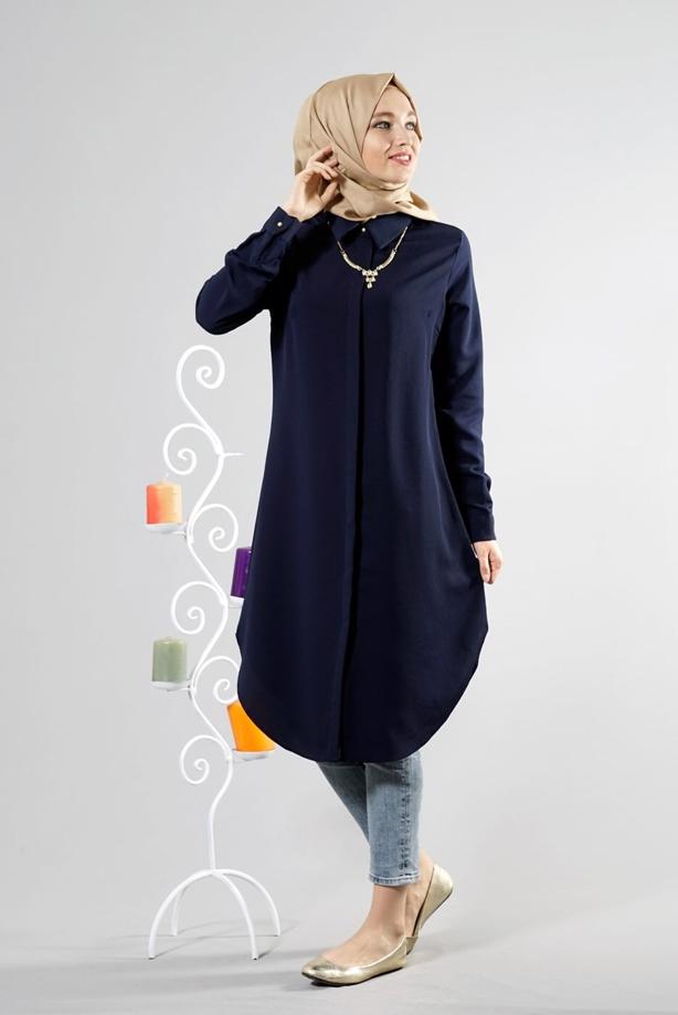 Tesettür giyim  T 6530 Helly Düğmeli Kolyeli Tunik - TRENDTESETTÜR