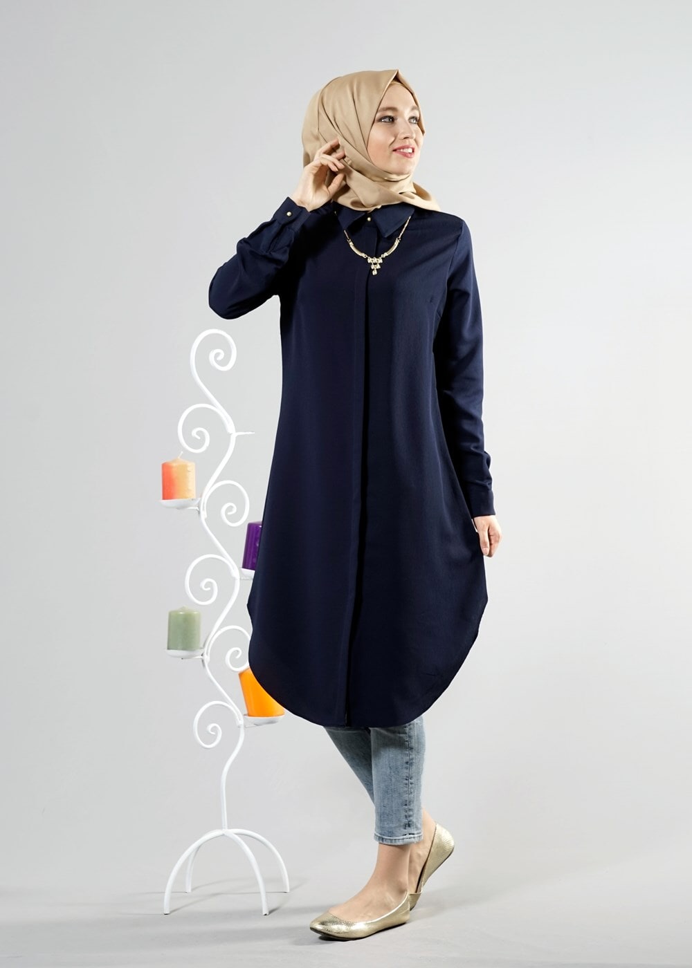 Hijab clothing NAVY BLUE T 6530 Helly Düğmeli Kolyeli Tunik