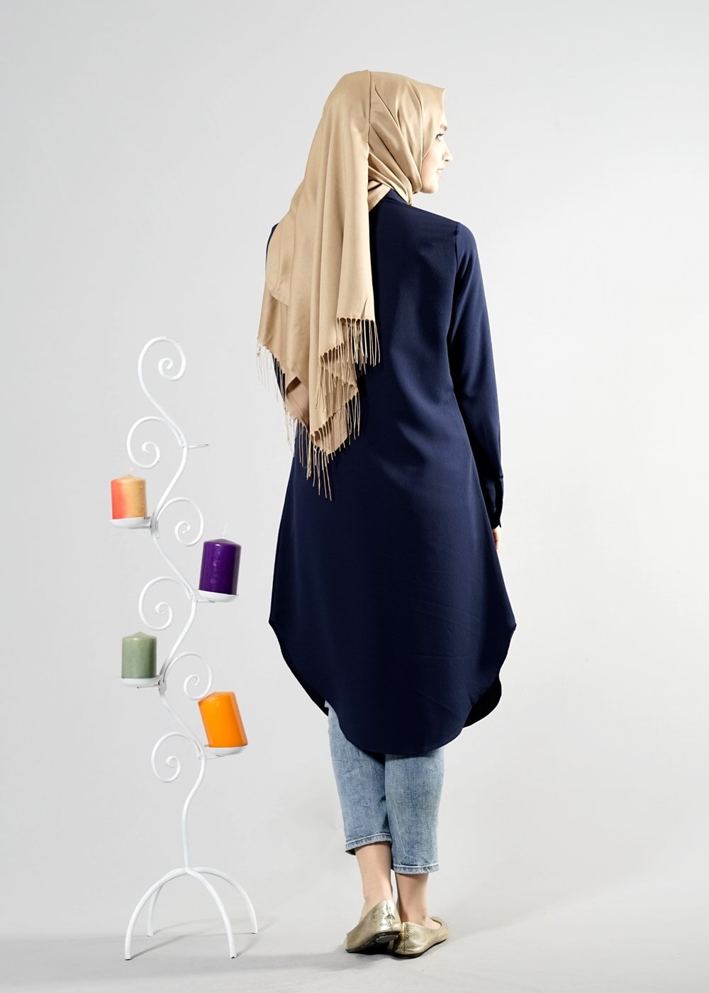 Hijab clothing NAVY BLUE T 6530 Helly Düğmeli Kolyeli Tunik