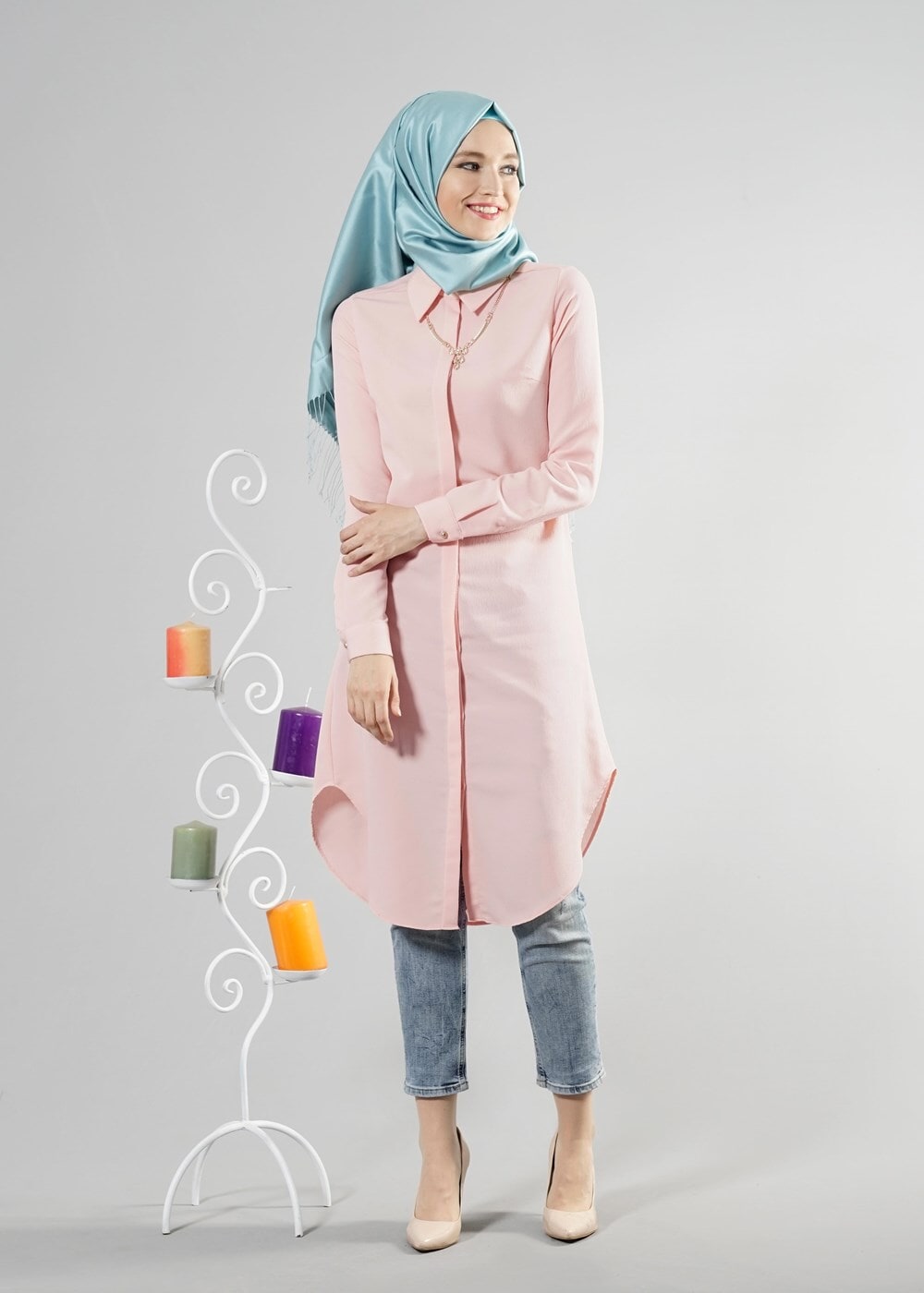 Vêtements hijab POUDRE T 6530 Helly Düğmeli Kolyeli Tunik