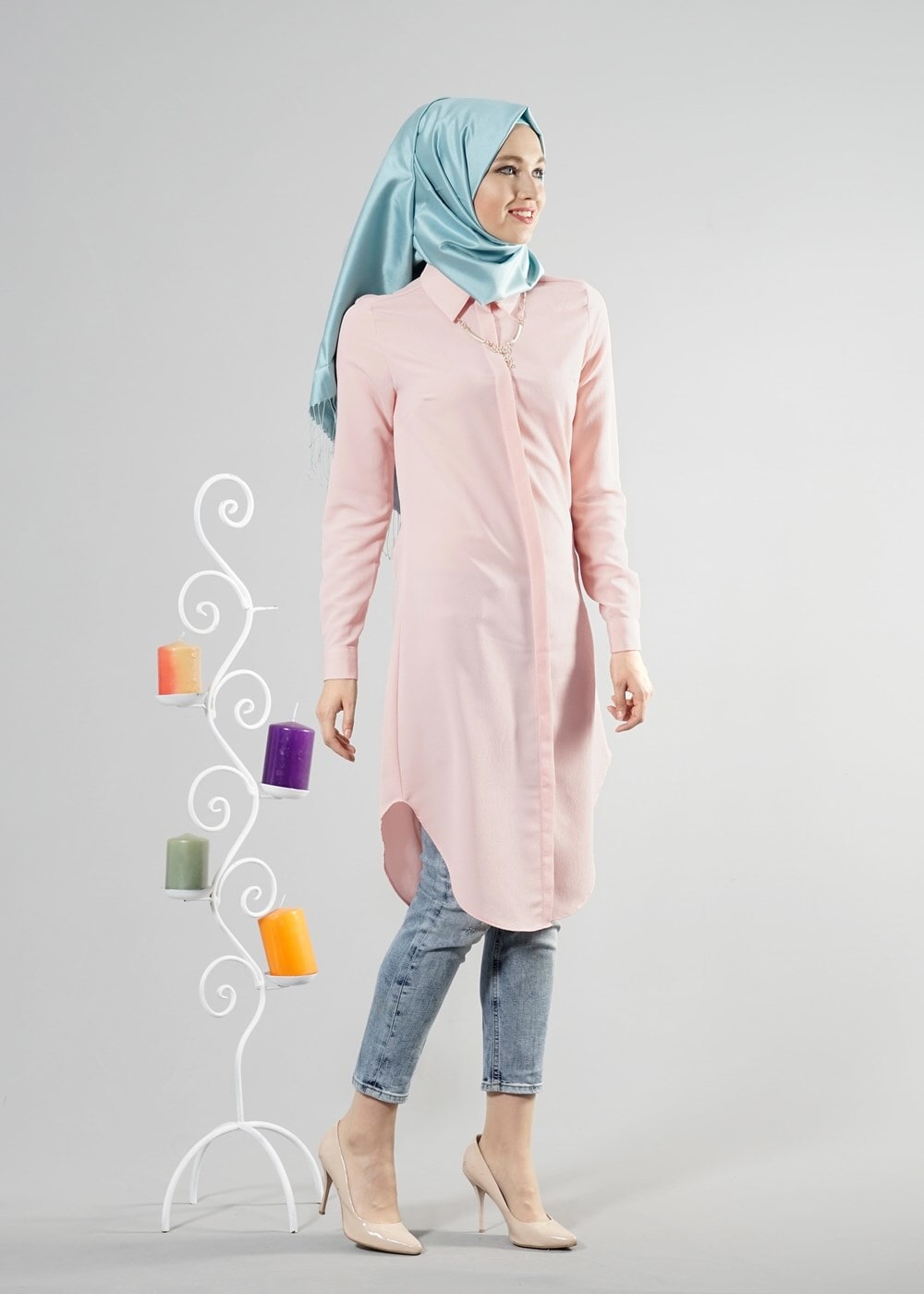 Vêtements hijab POUDRE T 6530 Helly Düğmeli Kolyeli Tunik