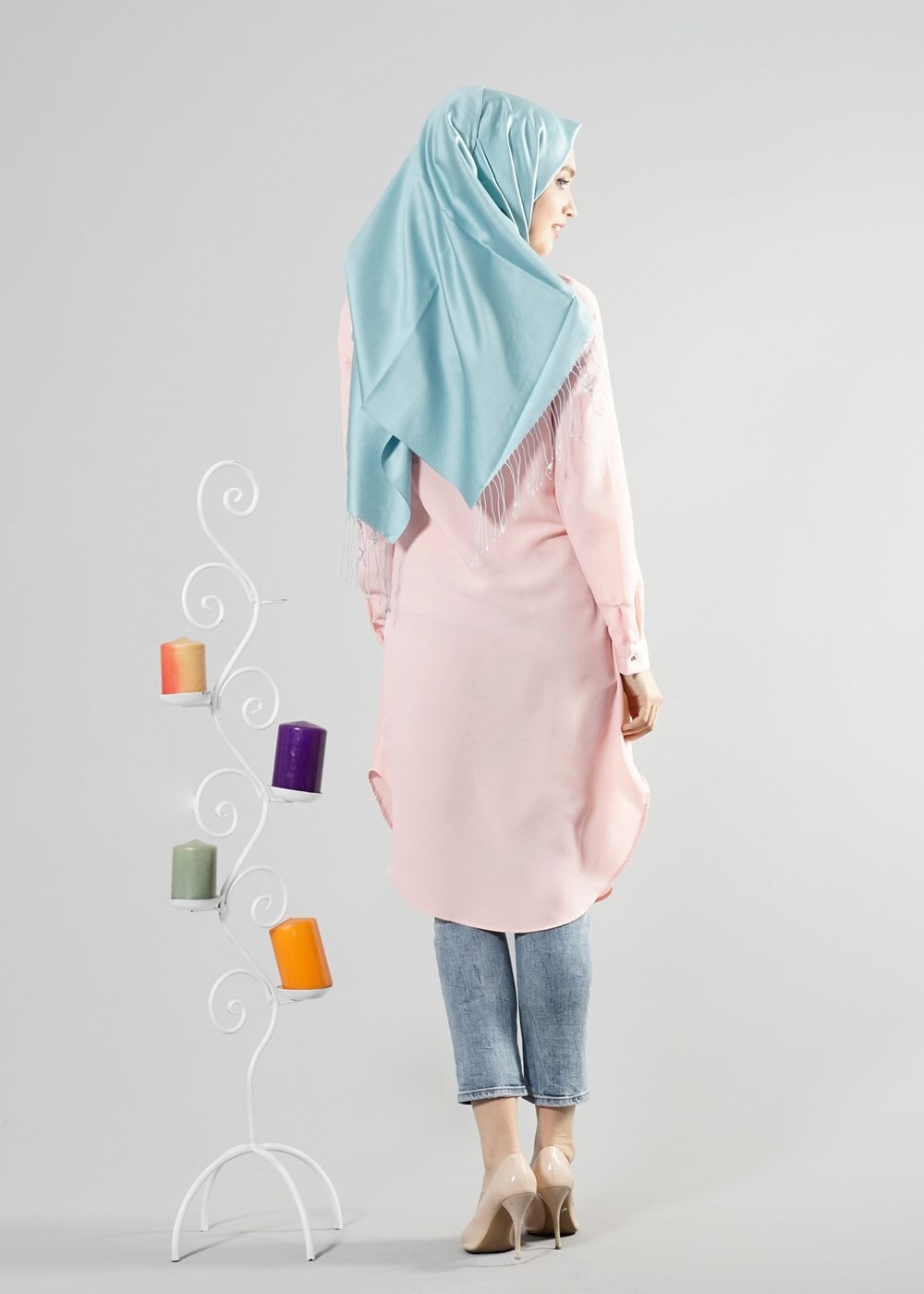 Vêtements hijab POUDRE T 6530 Helly Düğmeli Kolyeli Tunik