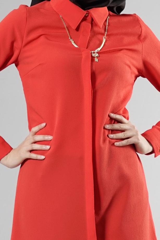 Tesettür giyim  T 6530 Helly Düğmeli Kolyeli Tunik - TRENDTESETTÜR