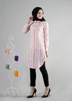 Tesettür giyim KREM T 9595 Helly Çizgi Desen Kolyeli Tunik