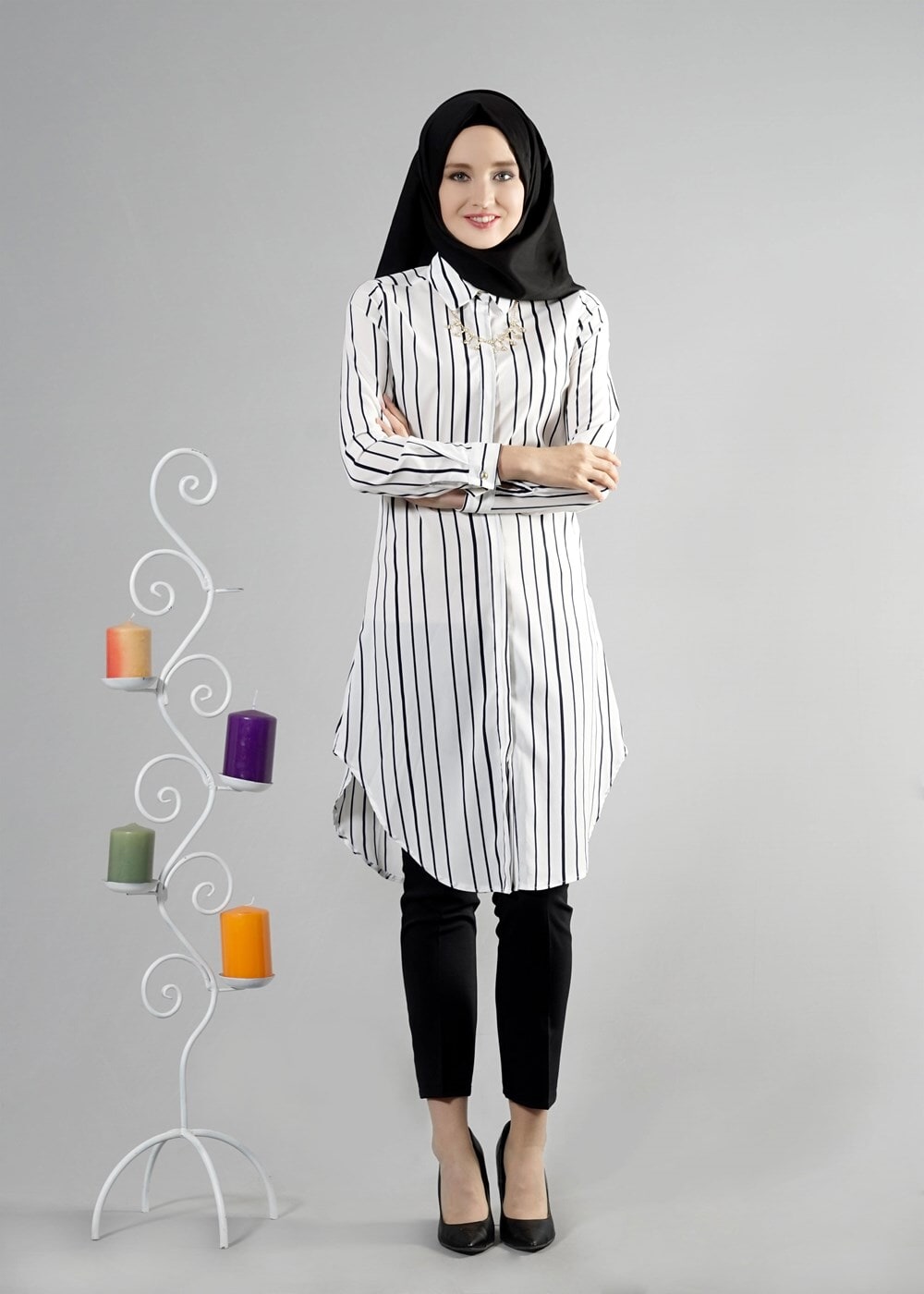 Vêtements hijab CRÈME T 9595 Helly Çizgi Desen Kolyeli Tunik