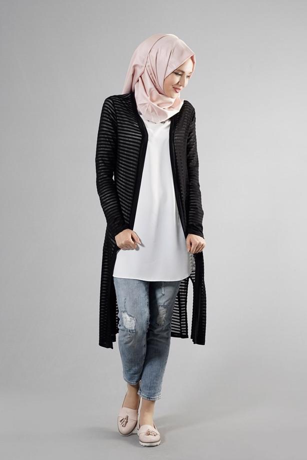 Tesettür giyim  T 9670 Helly Çizgili Kuşaklı Ceket - TRENDTESETTÜR