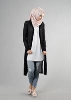 Hijab clothing BLACK T 9670 Helly Çizgili Kuşaklı Ceket