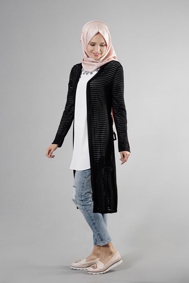 Tesettür giyim  T 9670 Helly Çizgili Kuşaklı Ceket - TRENDTESETTÜR