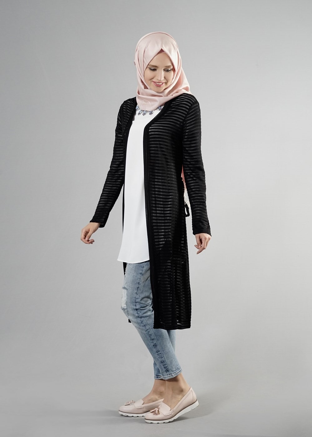 Hijab clothing BLACK T 9670 Helly Çizgili Kuşaklı Ceket