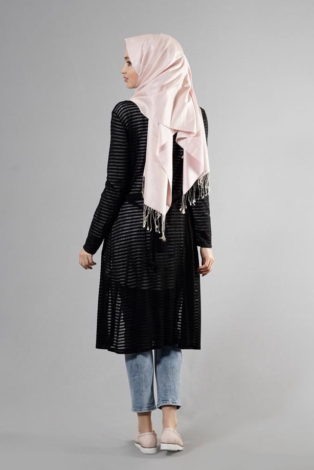 Tesettür giyim  T 9670 Helly Çizgili Kuşaklı Ceket - TRENDTESETTÜR