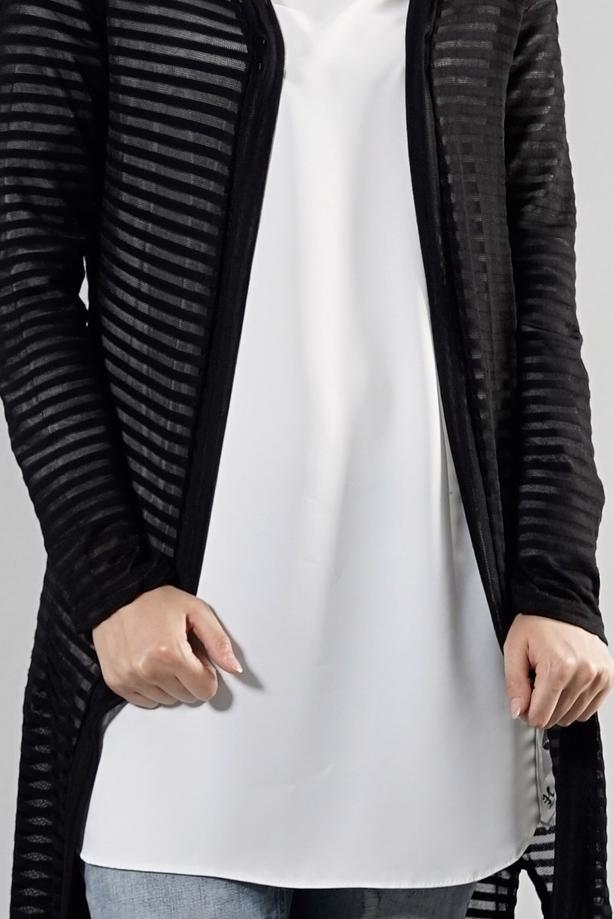 Tesettür giyim  T 9670 Helly Çizgili Kuşaklı Ceket - TRENDTESETTÜR