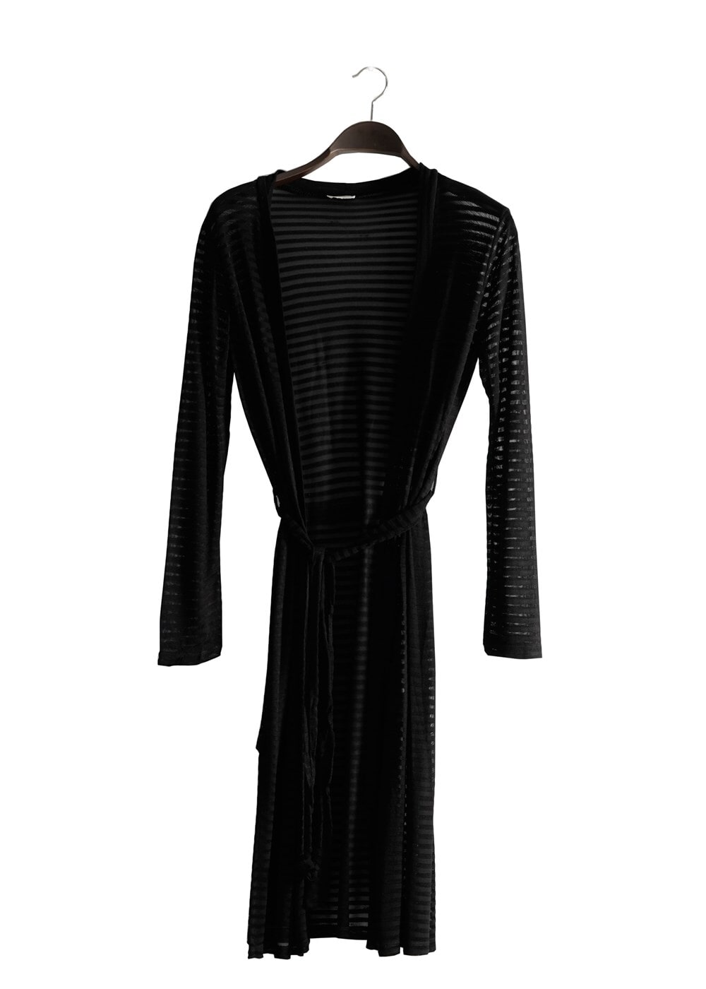 Hijab clothing BLACK T 9670 Helly Çizgili Kuşaklı Ceket