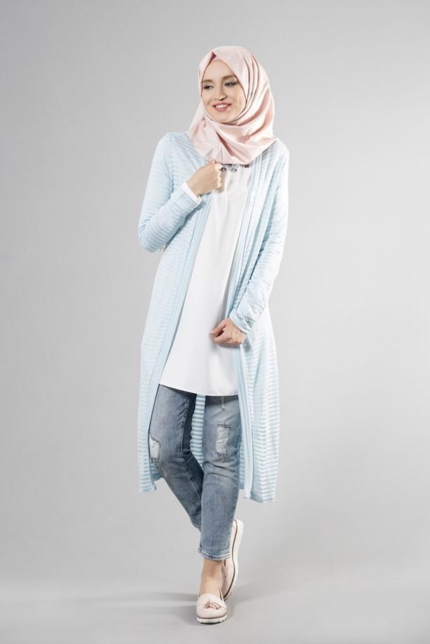 Tesettür giyim  T 9670 Helly Çizgili Kuşaklı Ceket - TRENDTESETTÜR