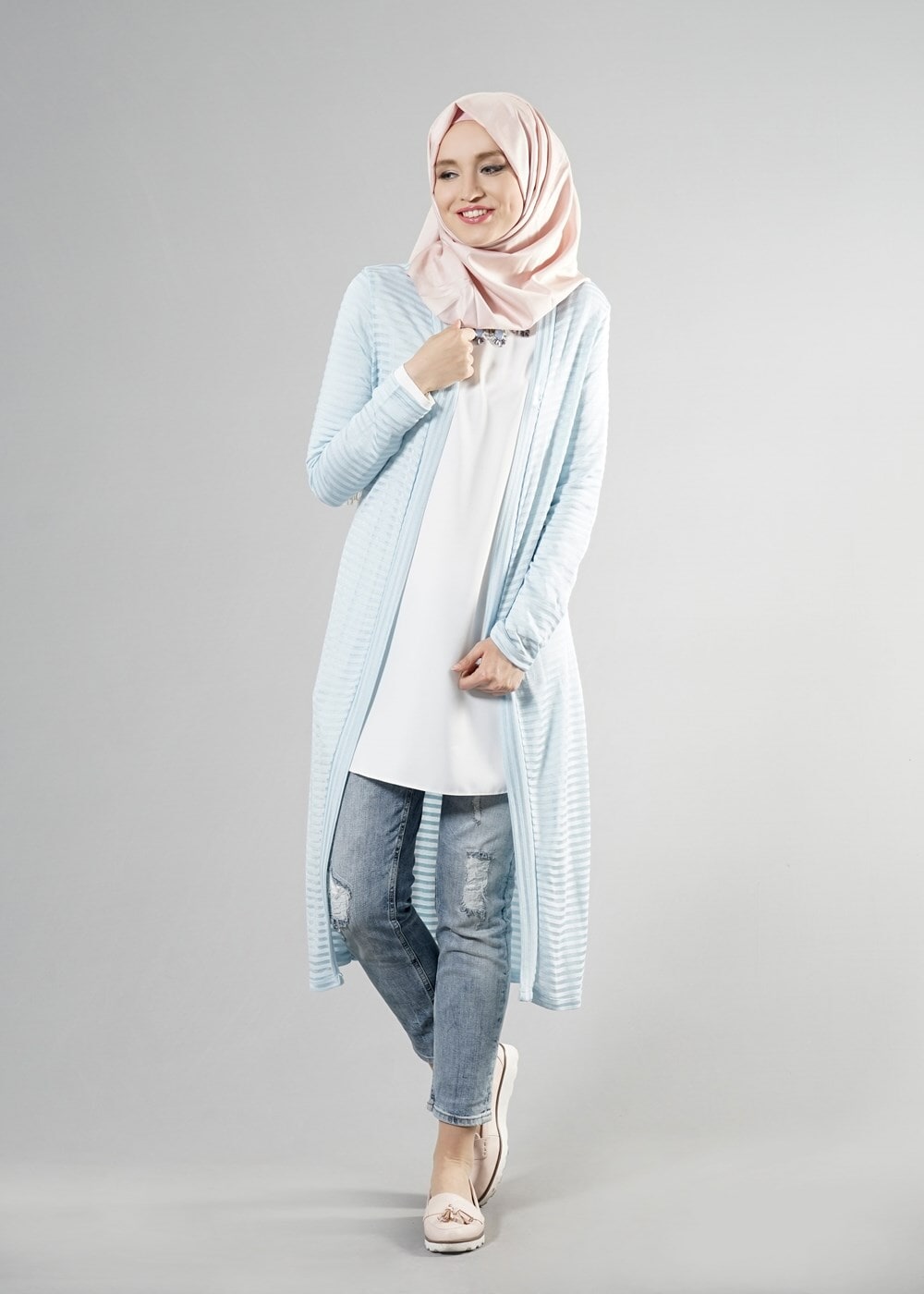 Vêtements hijab BLEU T 9670 Helly Çizgili Kuşaklı Ceket