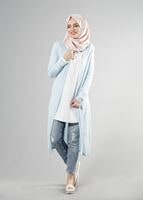 Vêtements hijab BLEU T 9670 Helly Çizgili Kuşaklı Ceket