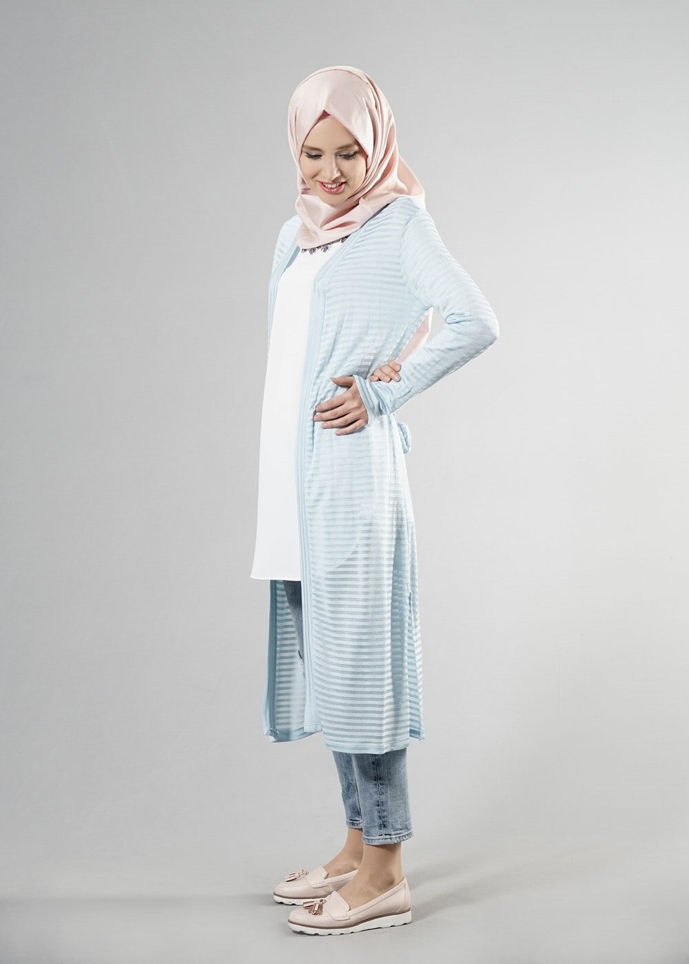 Vêtements hijab BLEU T 9670 Helly Çizgili Kuşaklı Ceket