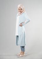 Vêtements hijab BLEU T 9670 Helly Çizgili Kuşaklı Ceket