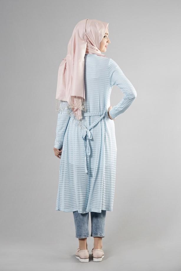 Tesettür giyim  T 9670 Helly Çizgili Kuşaklı Ceket - TRENDTESETTÜR