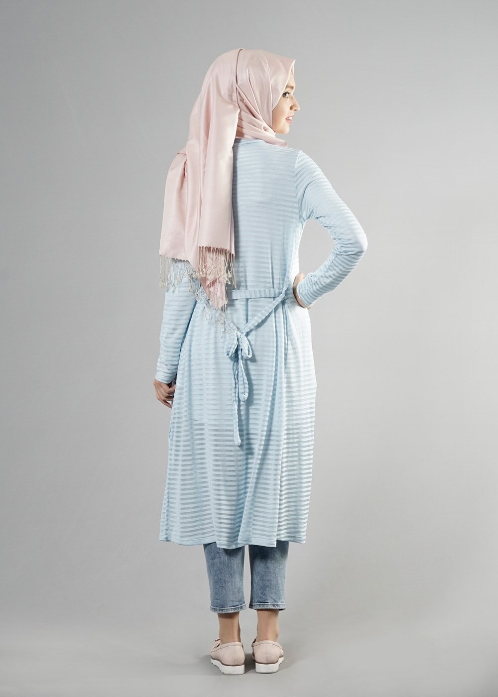 Vêtements hijab BLEU T 9670 Helly Çizgili Kuşaklı Ceket