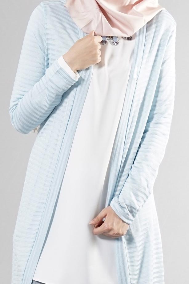 Tesettür giyim  T 9670 Helly Çizgili Kuşaklı Ceket - TRENDTESETTÜR