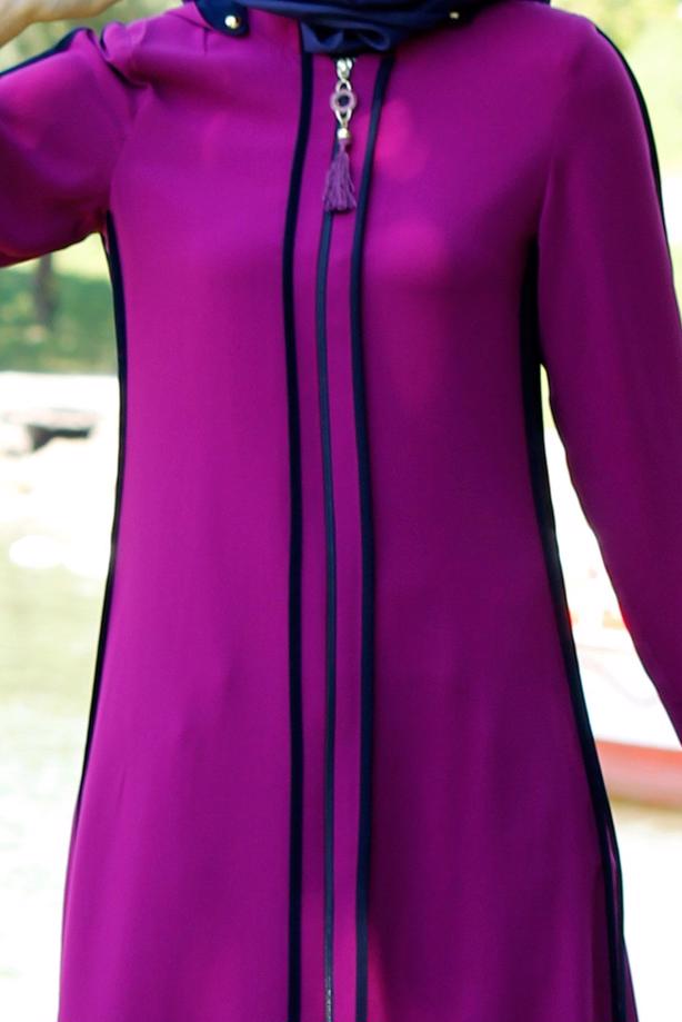 Tesettür giyim  T 16203 Moda Stil Fermuar Detaylı Kapşonlu Ferace - TRENDTESETTÜR