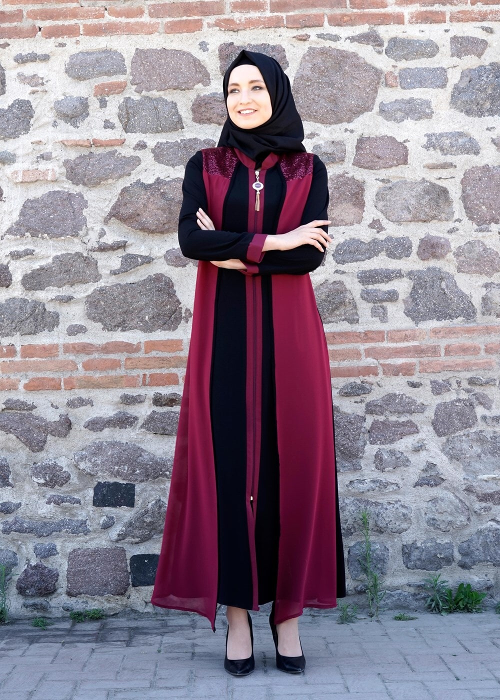 Tesettür giyim SİYAH T 16276 Moda Stil Hakim Yaka Ferace
