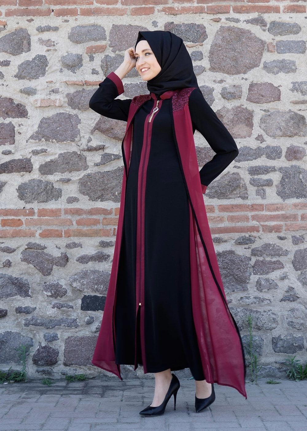 Tesettür giyim SİYAH T 16276 Moda Stil Hakim Yaka Ferace