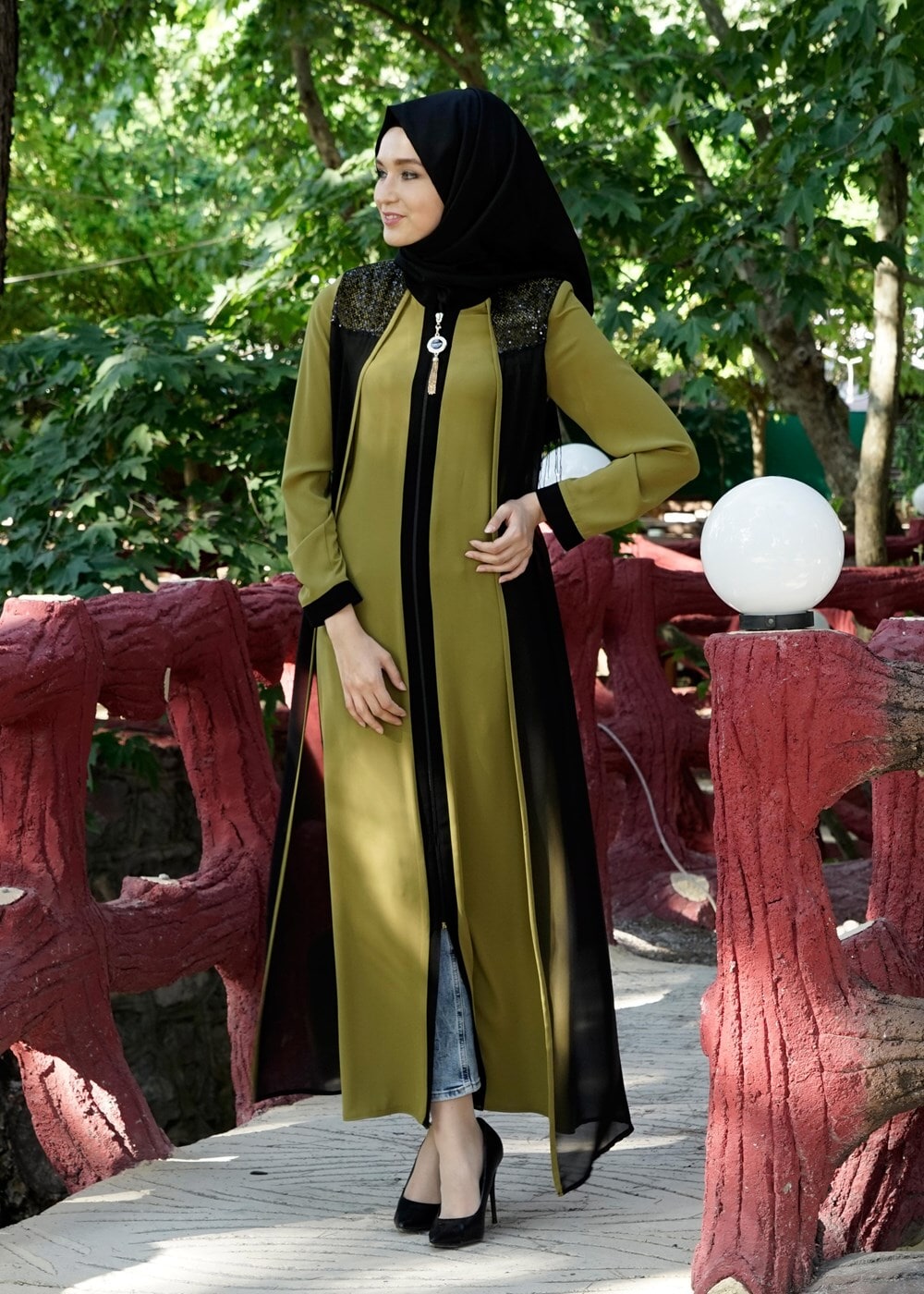Hijab clothing GREEN T 16276 Moda Stil Hakim Yaka Ferace