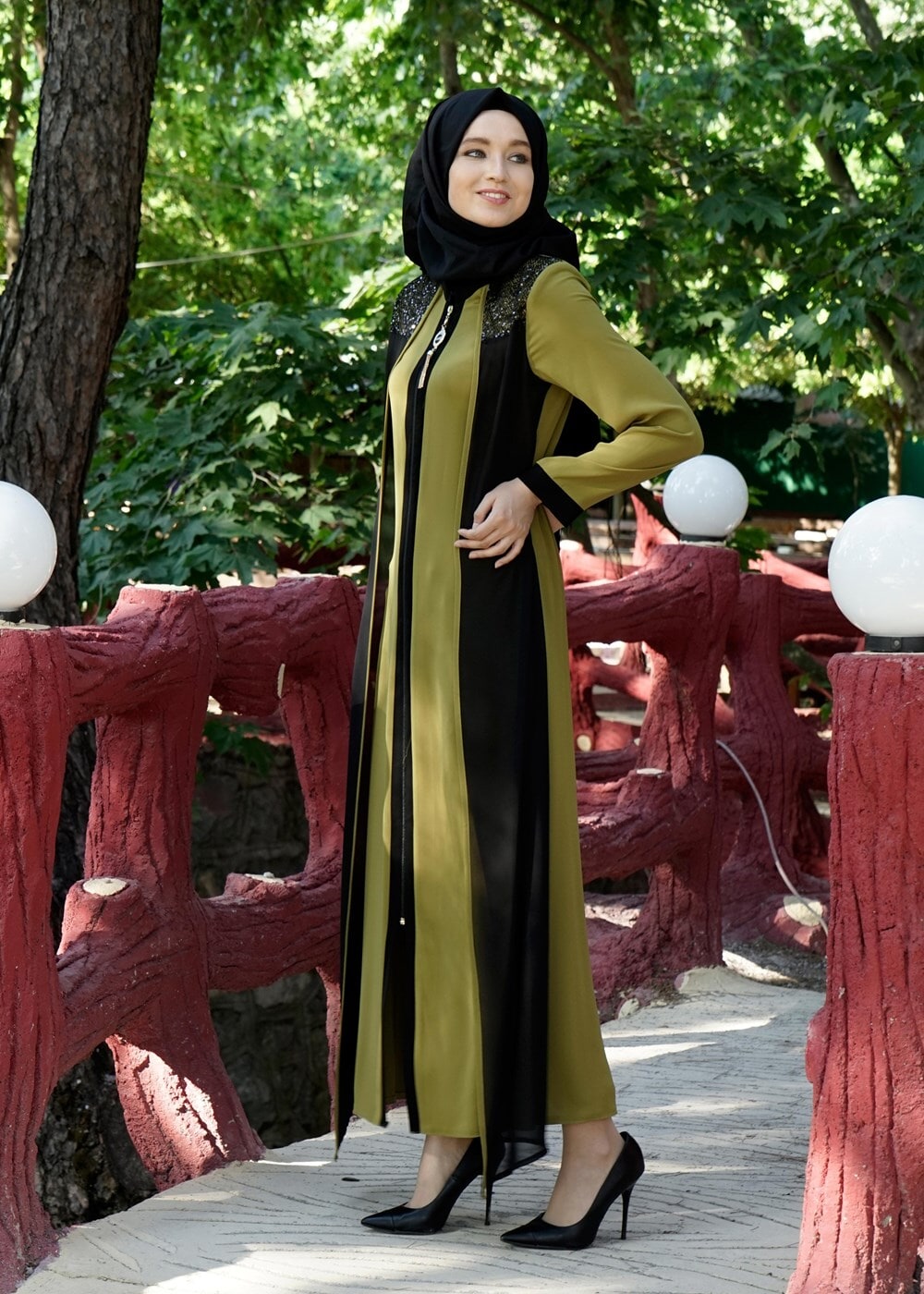 Tesettür giyim YEŞİL T 16276 Moda Stil Hakim Yaka Ferace
