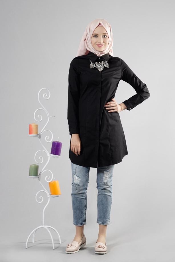 Tesettür giyim  T 271 Hewes Line Erkek Yaka Gizli Düğmeli Tunik - TRENDTESETTÜR