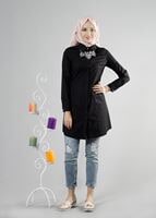 Tesettür giyim SİYAH T 271 Hewes Line Erkek Yaka Gizli Düğmeli Tunik