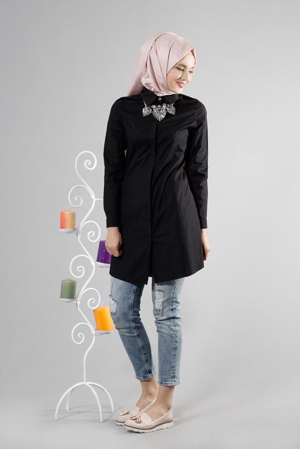 Tesettür giyim  T 271 Hewes Line Erkek Yaka Gizli Düğmeli Tunik - TRENDTESETTÜR