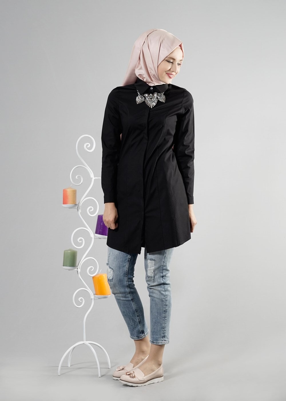 Tesettür giyim SİYAH T 271 Hewes Line Erkek Yaka Gizli Düğmeli Tunik