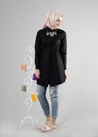 Tesettür giyim SİYAH T 271 Hewes Line Erkek Yaka Gizli Düğmeli Tunik