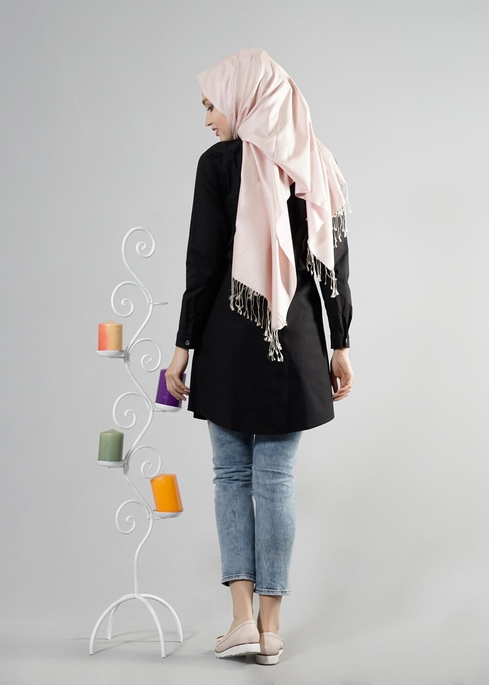 Tesettür giyim SİYAH T 271 Hewes Line Erkek Yaka Gizli Düğmeli Tunik