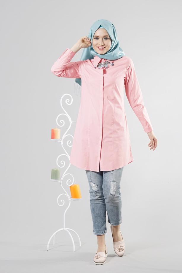 Tesettür giyim  T 271 Hewes Line Erkek Yaka Gizli Düğmeli Tunik - TRENDTESETTÜR