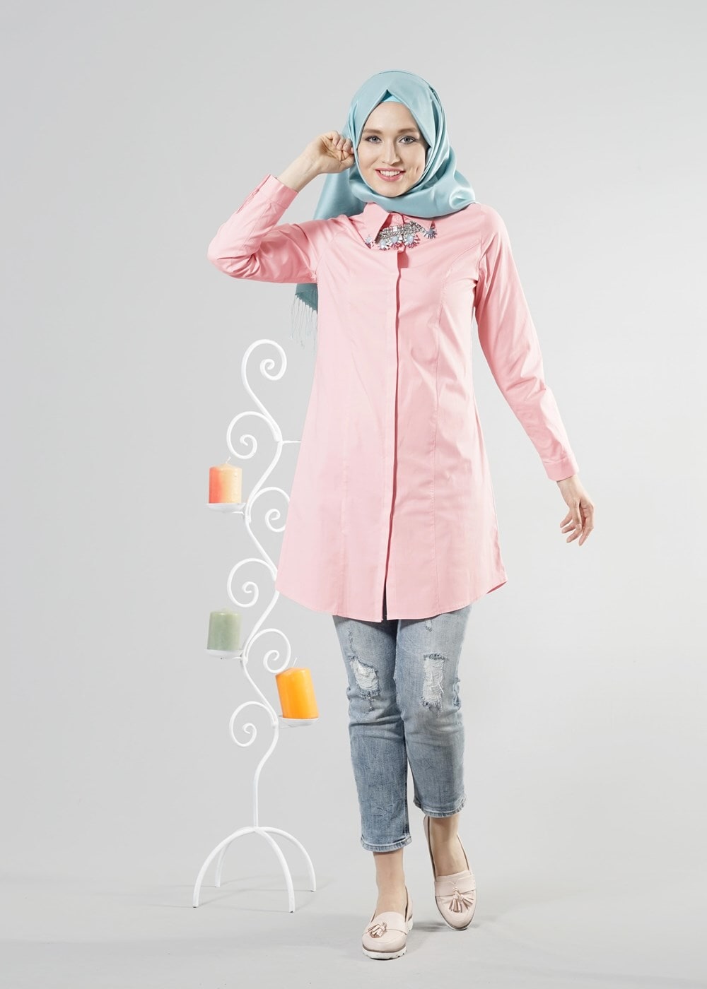 Tesettür giyim PUDRA T 271 Hewes Line Erkek Yaka Gizli Düğmeli Tunik